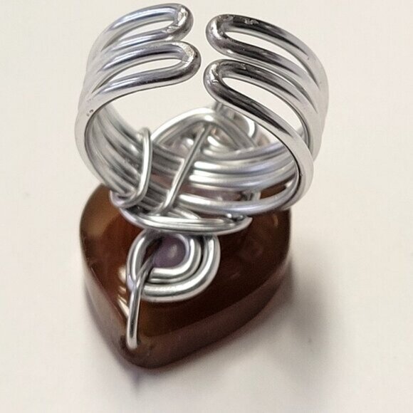 Amber Brown Rhombus Shape Ring Adjustable Band Handmade Semi Precious Ring - Picture 5 of 10